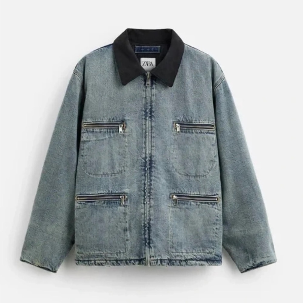ZARA Contrast Collar Zipper Light Wash Denim Jacket Size Small